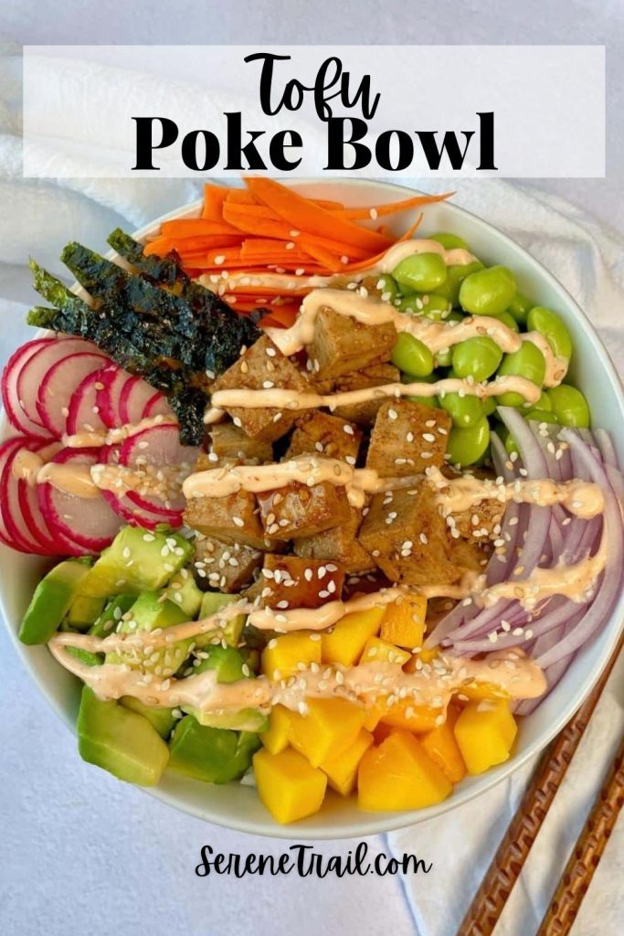 Pinterest pin of poke bowl with tofu.