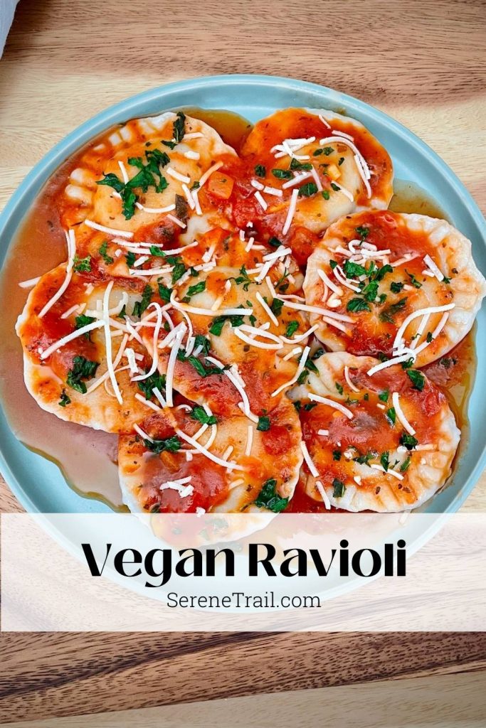 Vegan ravioli pinterest pin with a garnished plate of ravioli.