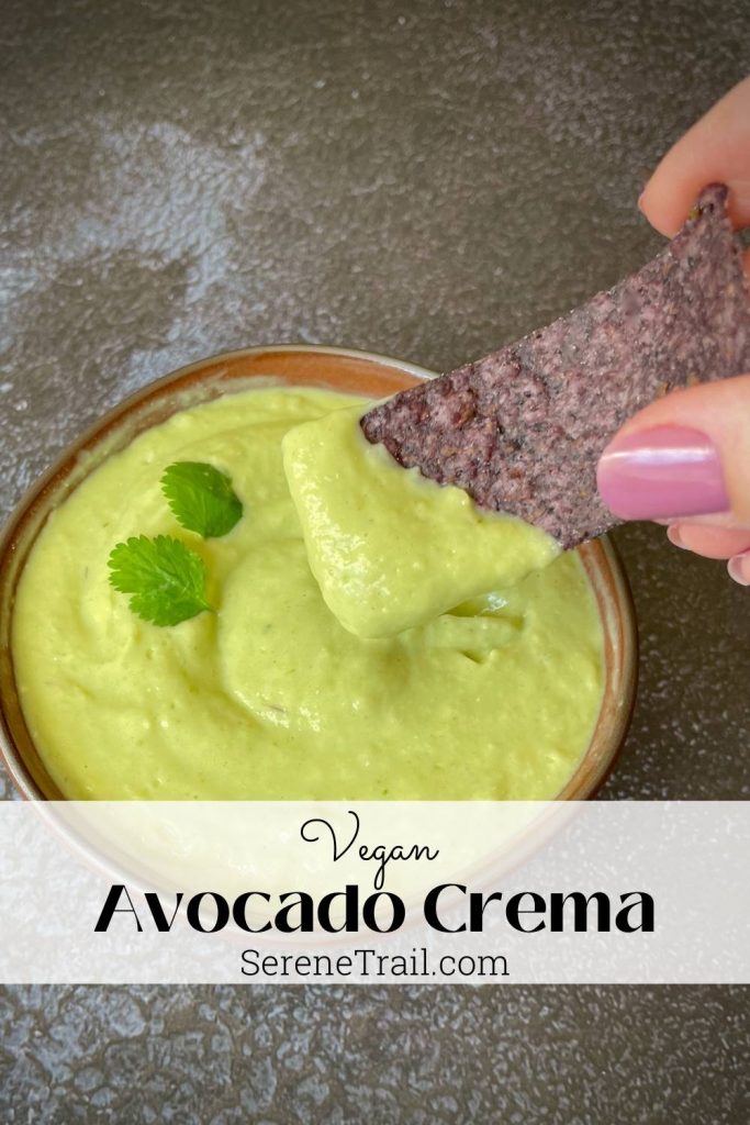 Pinterest pin image with crema sauce and a tortilla chip.