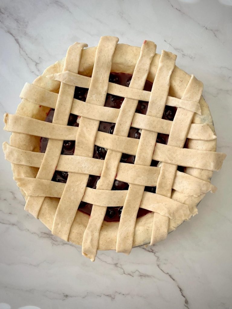 Cherry pie with lattice covering.