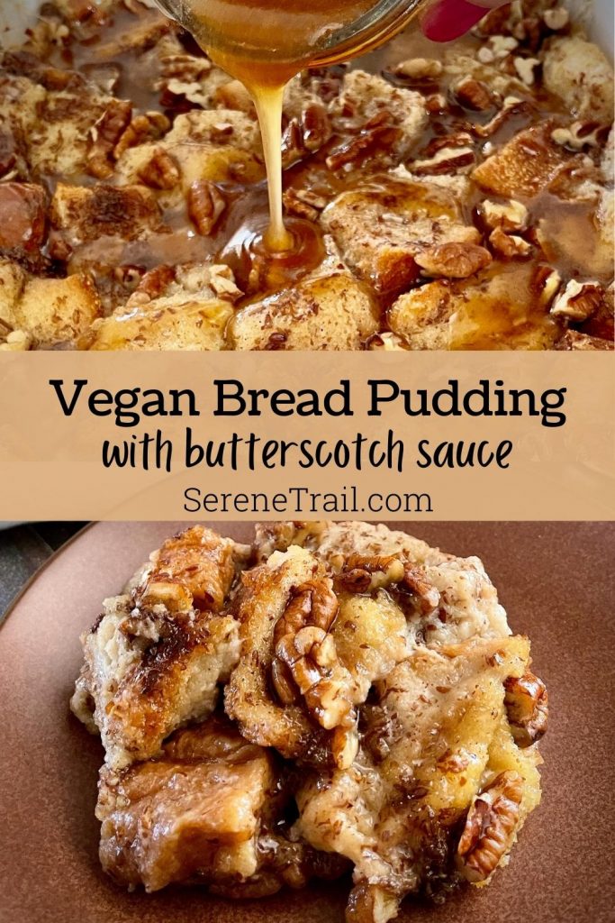 Bread Pudding Pinterest Pin with sauce drizzling in top picture and single serve slice on bottom picture.