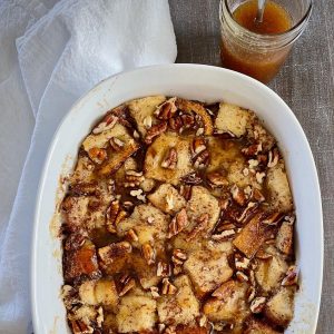 Bread pudding with butterscotch sauce.