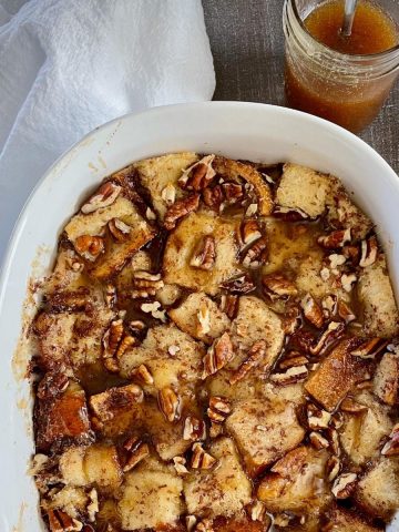 Bread pudding with butterscotch sauce.
