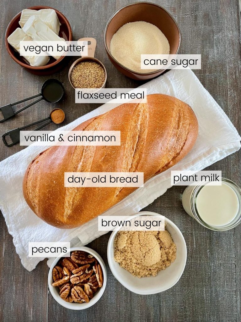 Image of labeled bread pudding ingredients.