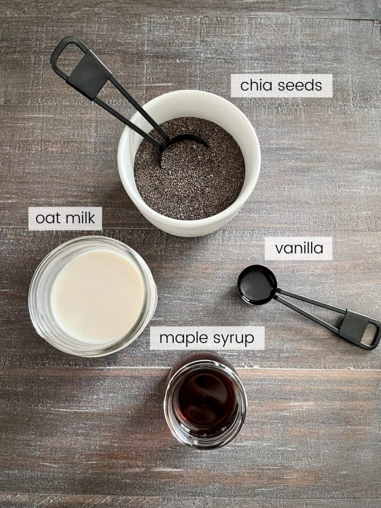 Image of chia seeds, oat milk, maple syrup, and vanilla extract.