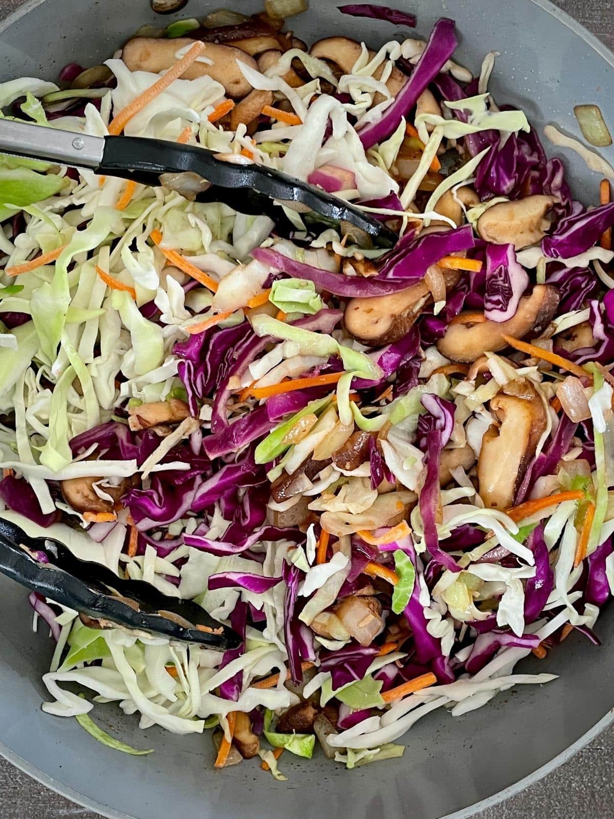 Coleslaw mix in a pan.