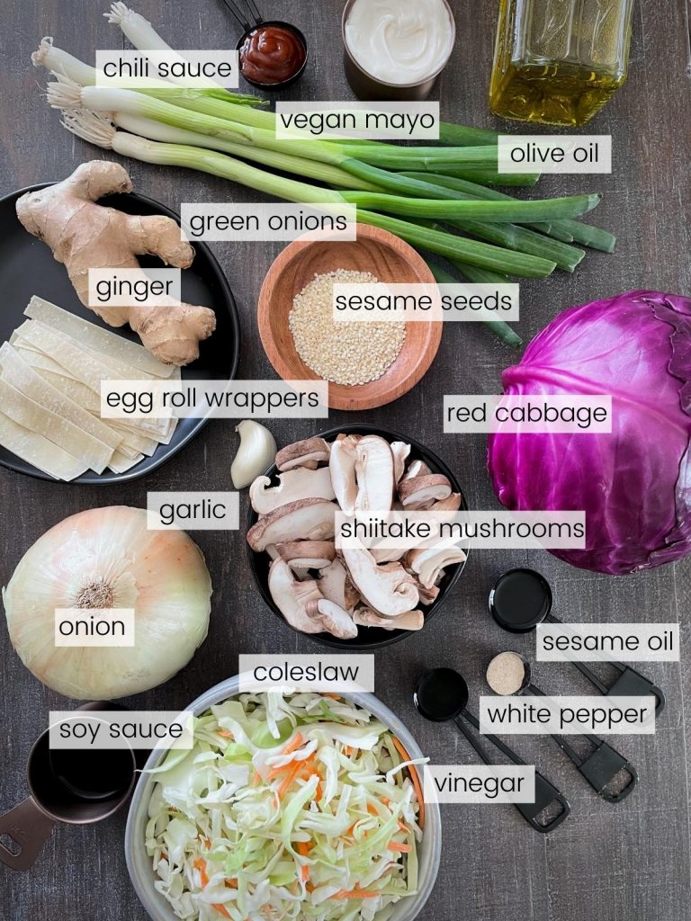 Egg roll in a bowl ingredients with labels.