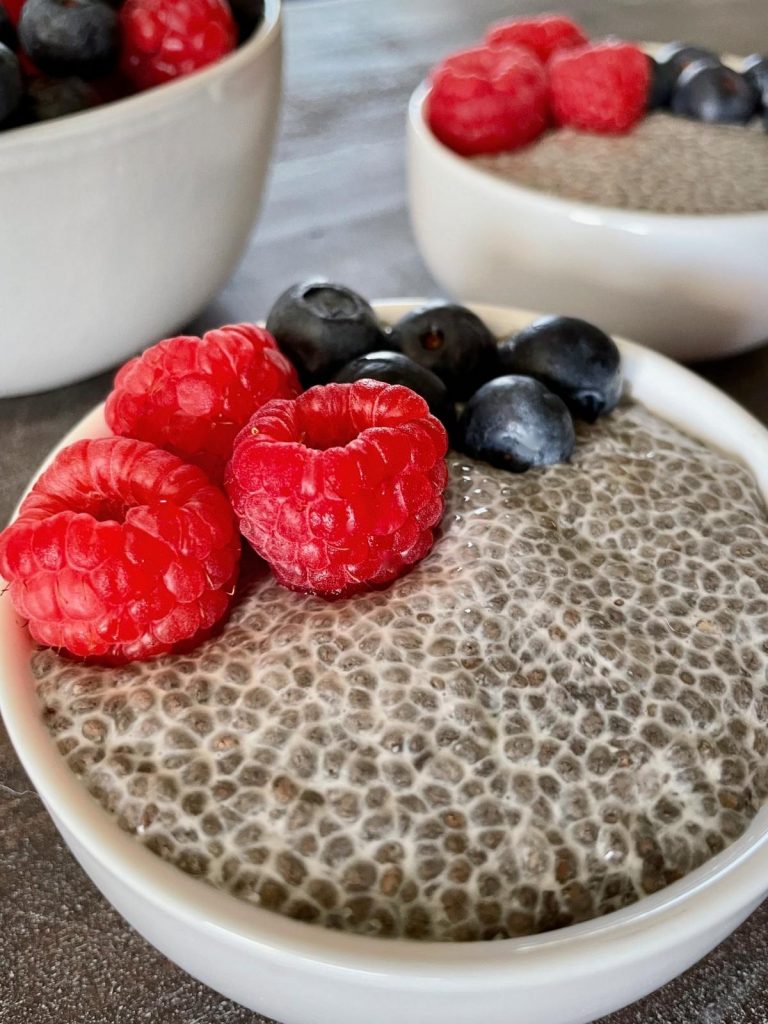 Oat milk chia pudding with fruit.