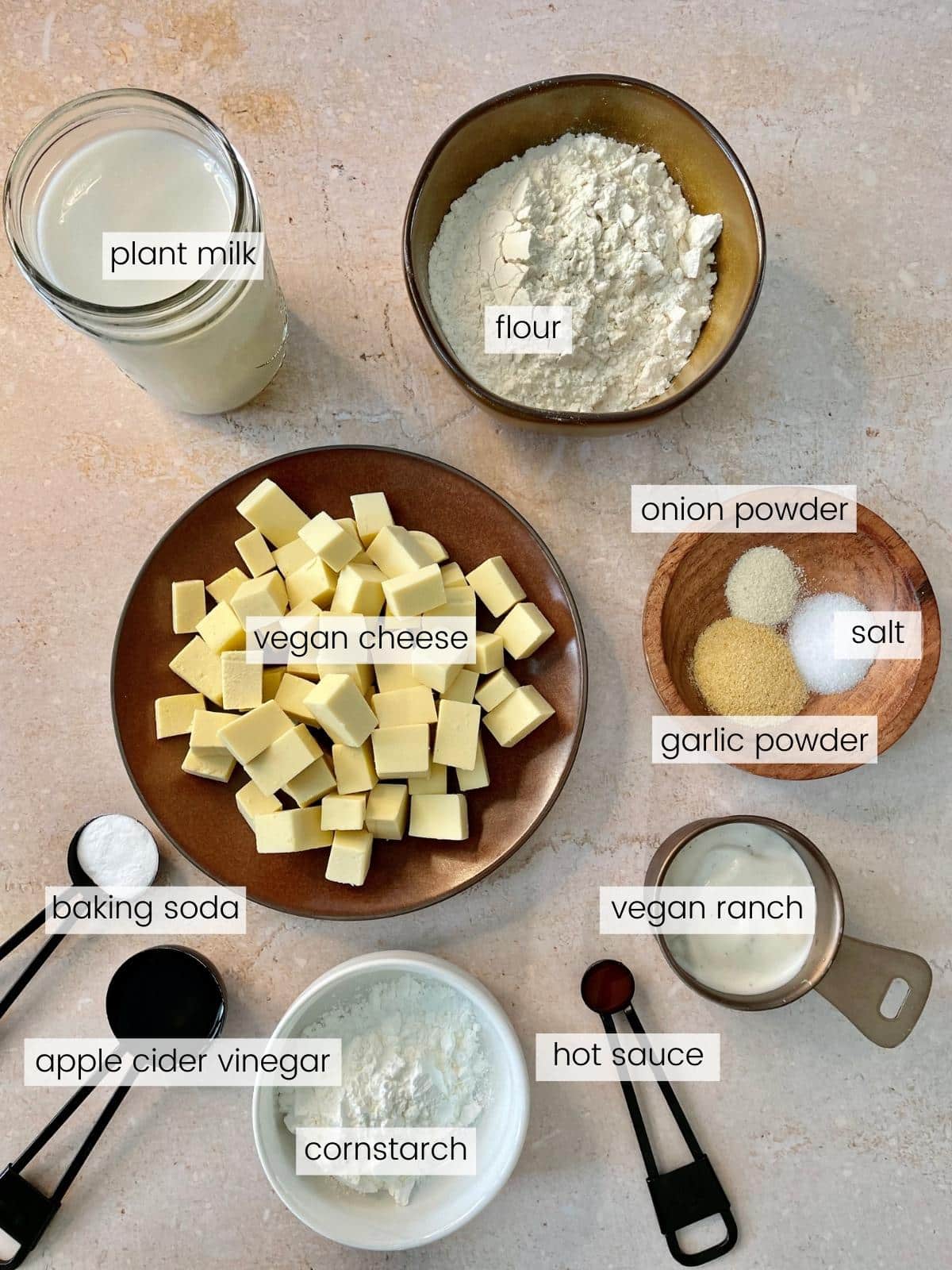 Labeled cheese curd ingredients.