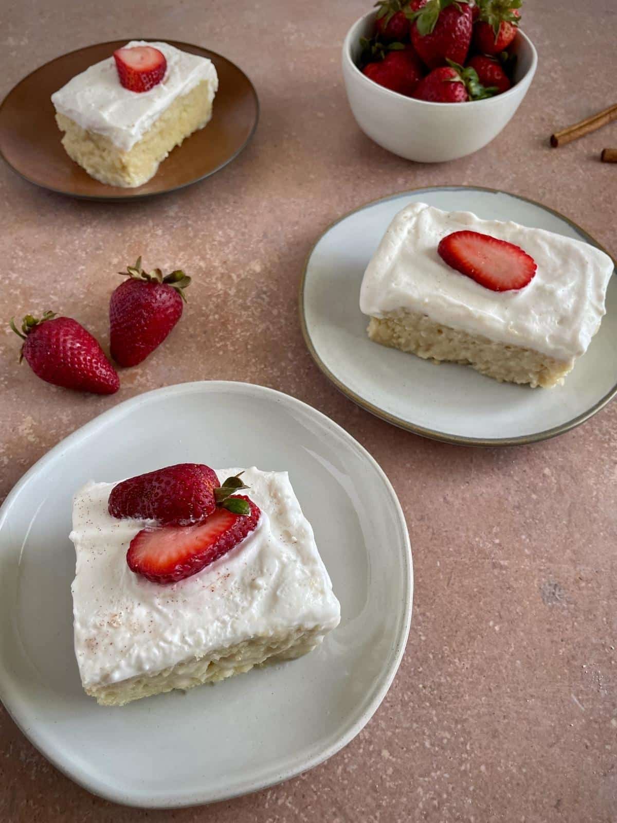 Close up of tres leches slices.