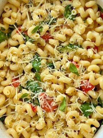 Close up of vegan feta pasta.