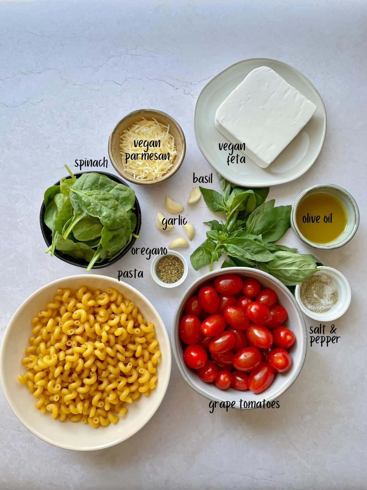 Labeled feta pasta ingredients.