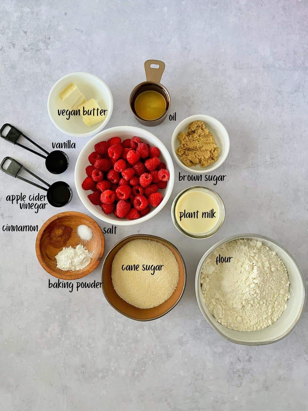 Labeled ingredients for raspberry muffins.