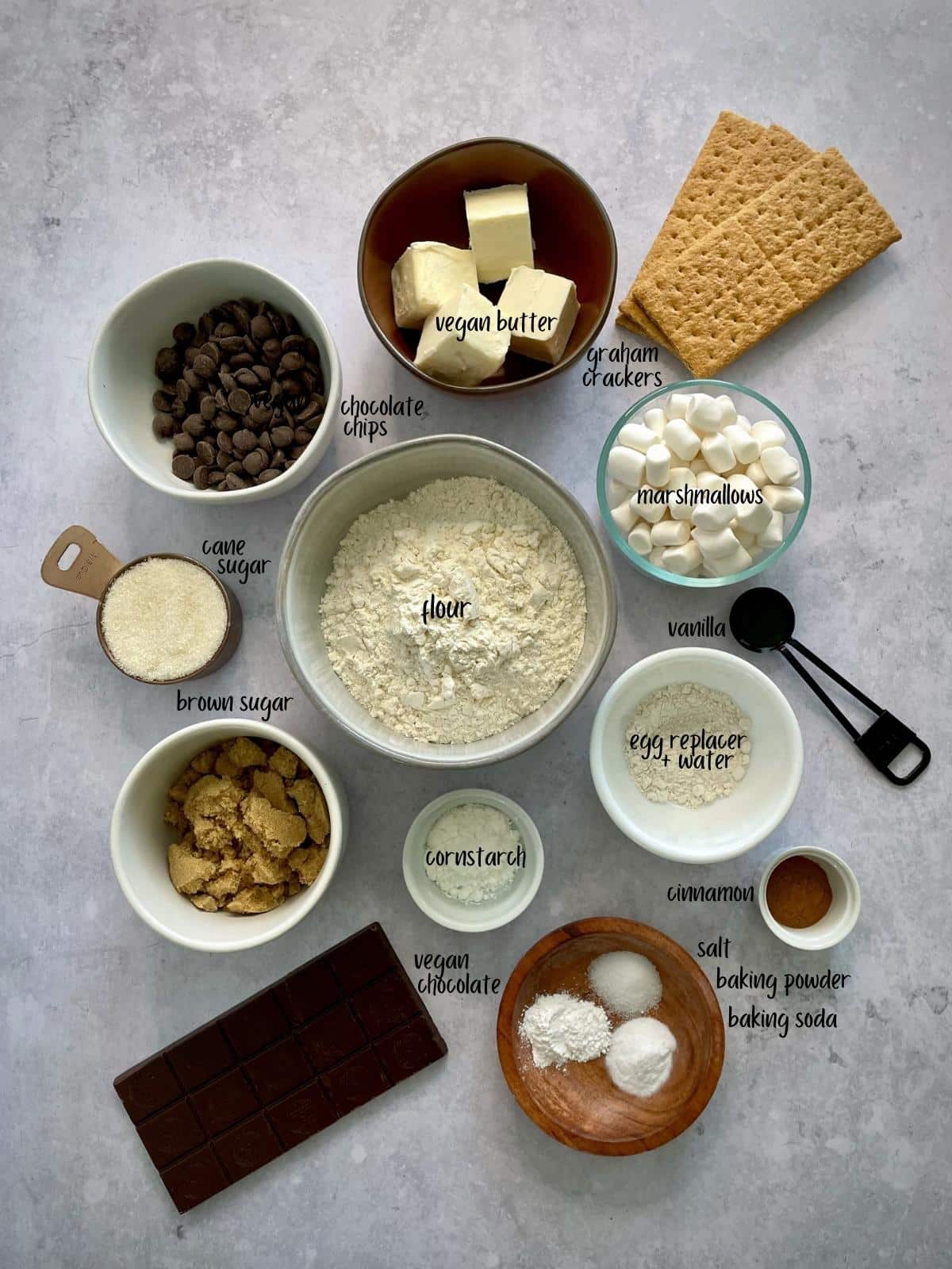 Labeled ingredients for smores cookies.