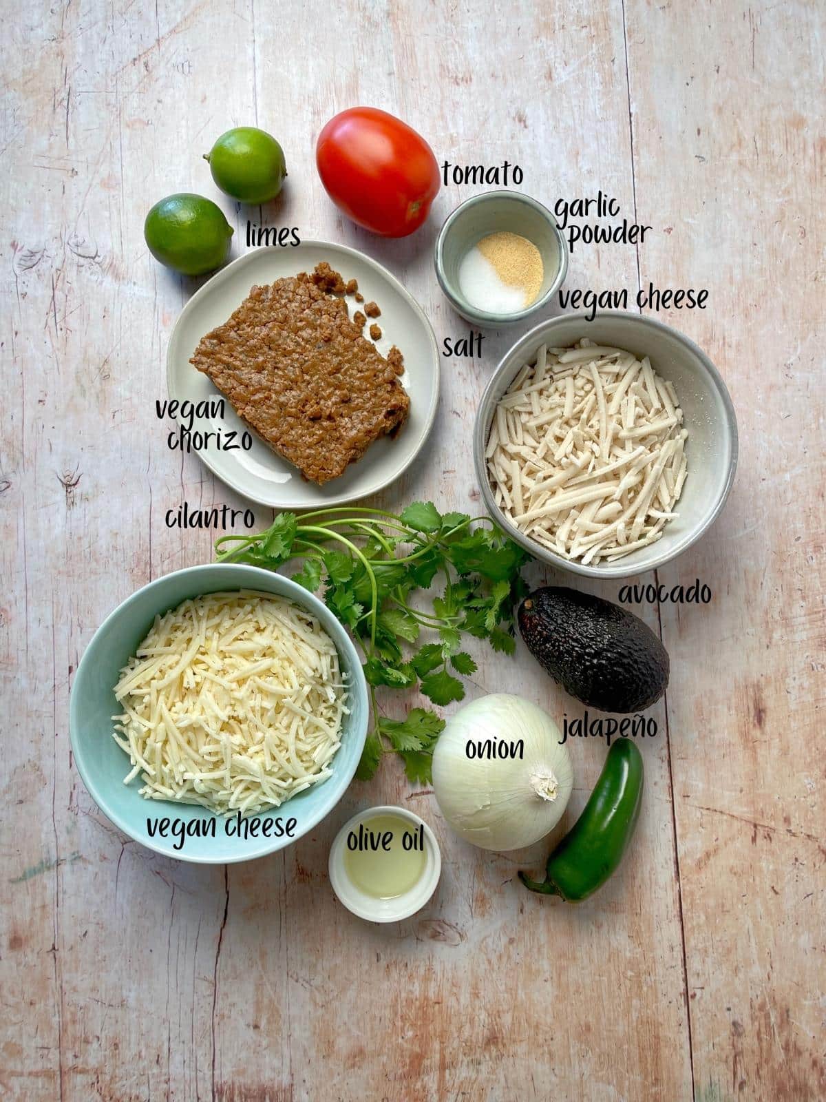 Labeled queso fundido ingredients.