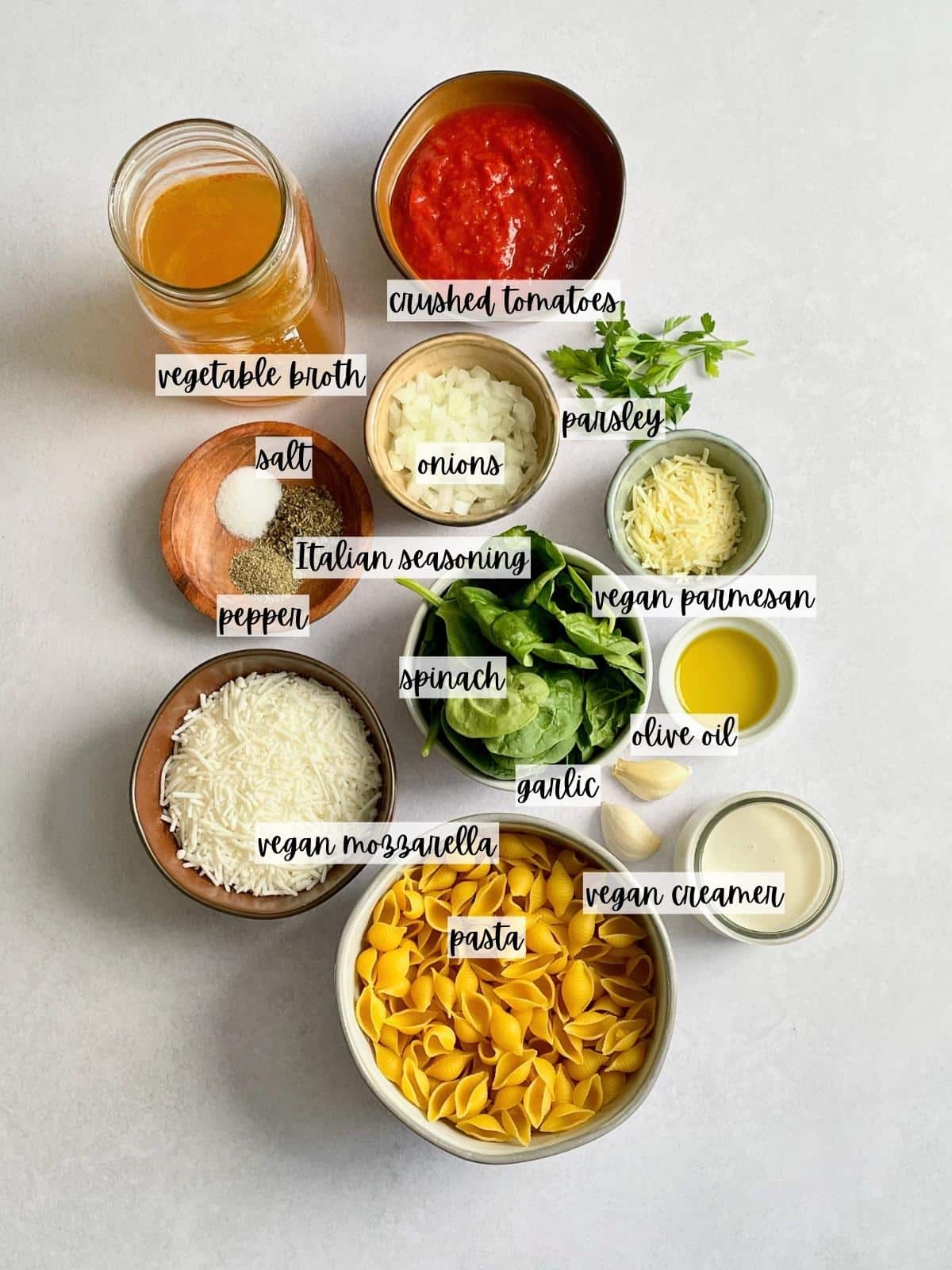 Labeled ingredients for tomato pasta.