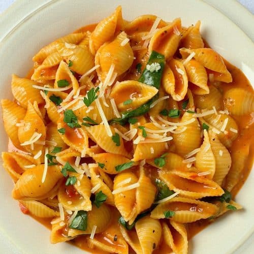 Close up of tomato pasta.