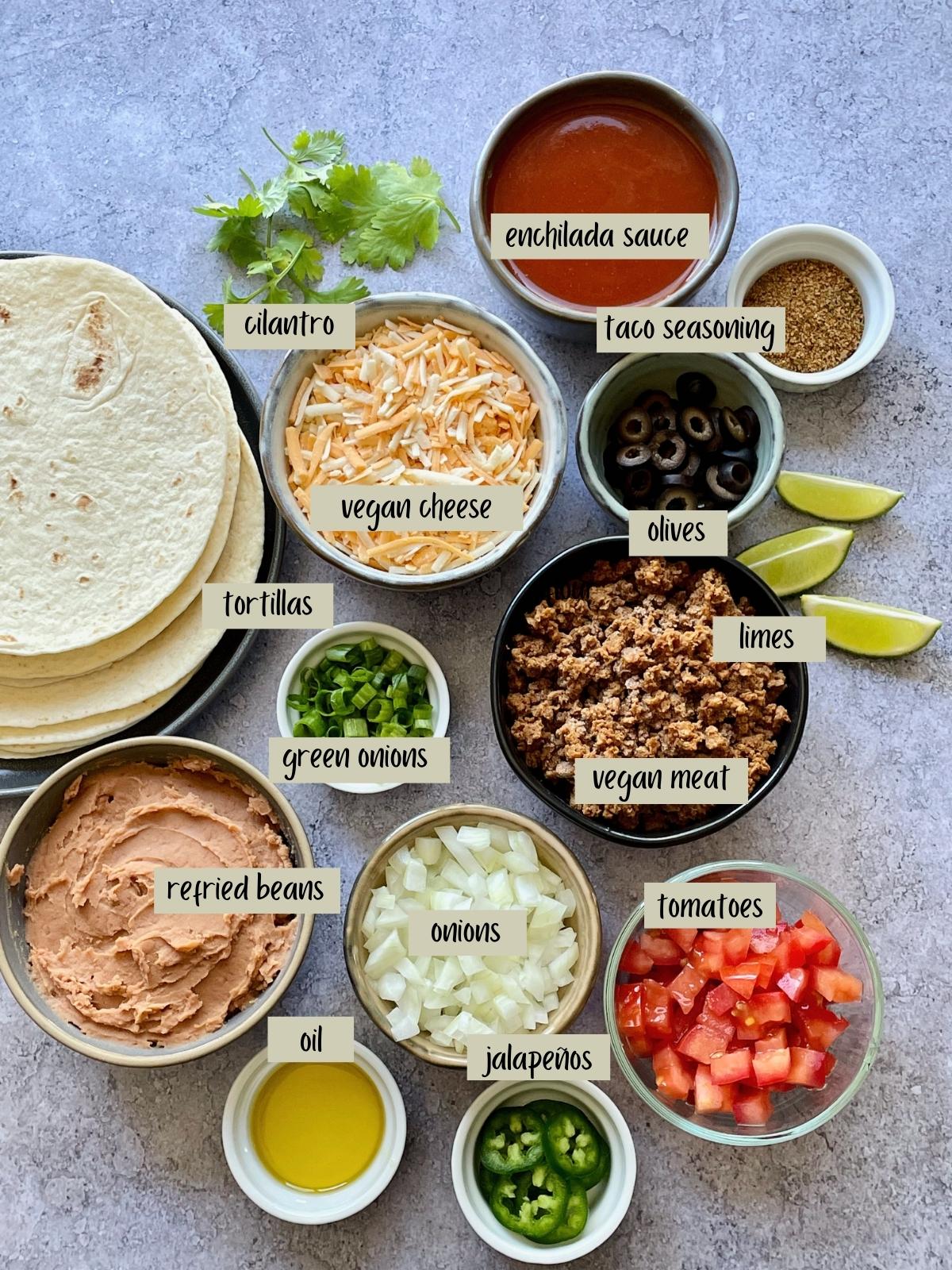 Labeled ingredients for Mexican pizzas.