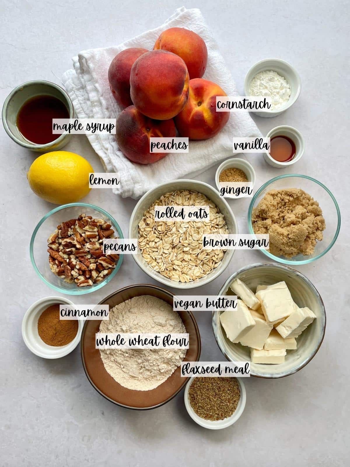 Labeled ingredients for peach crisp.