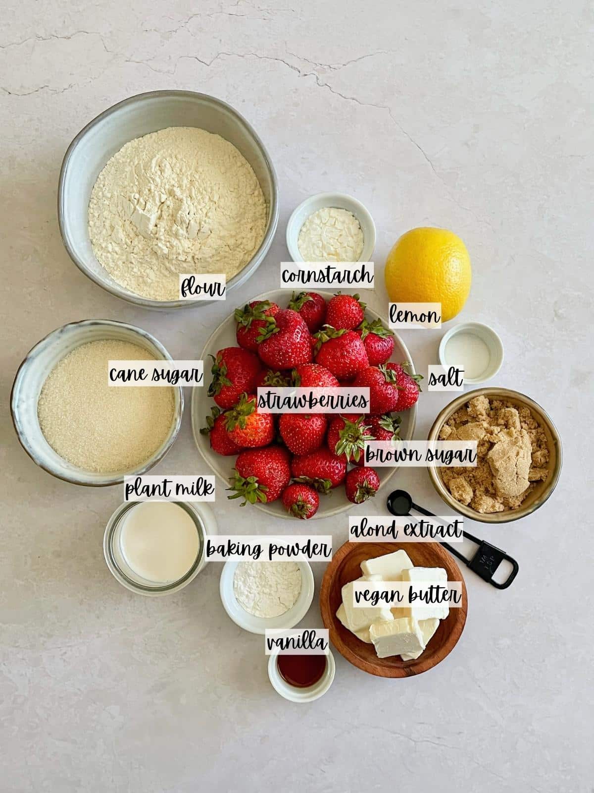 Labeled ingredients for strawberry cobbler.