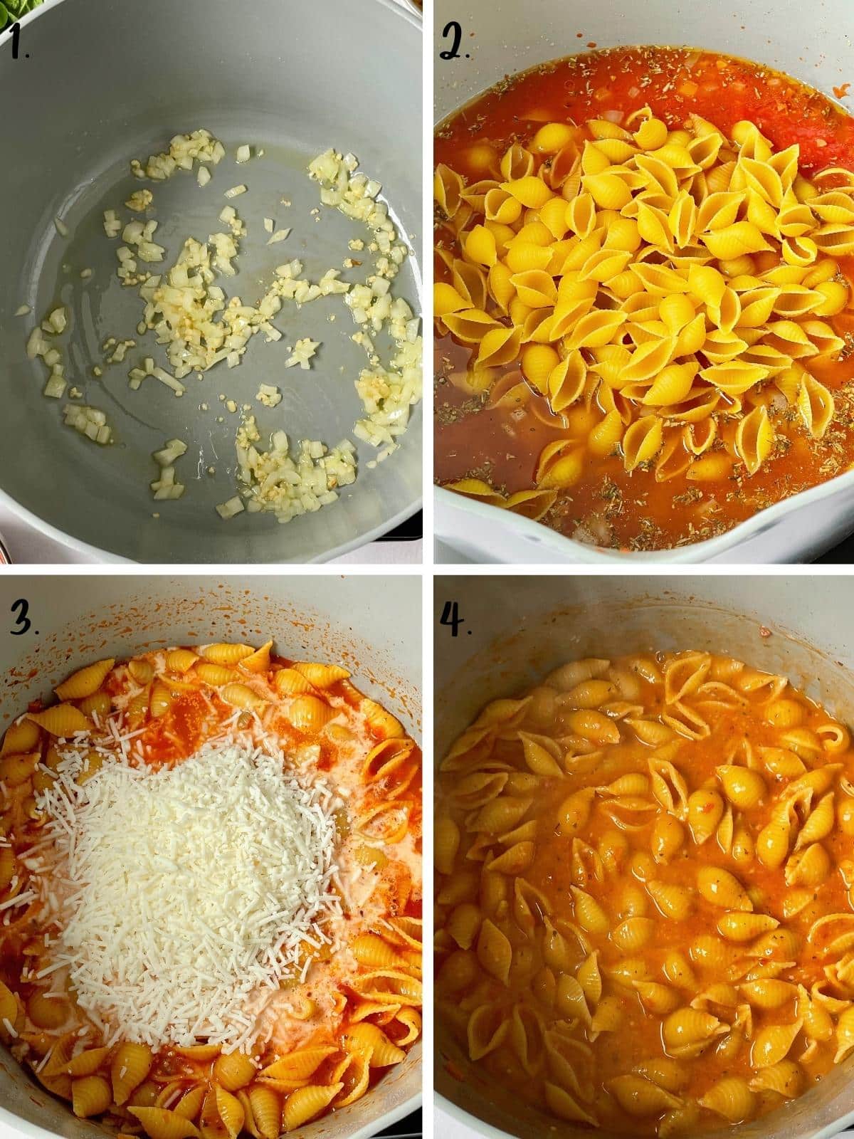 Steps for making tomato pasta.