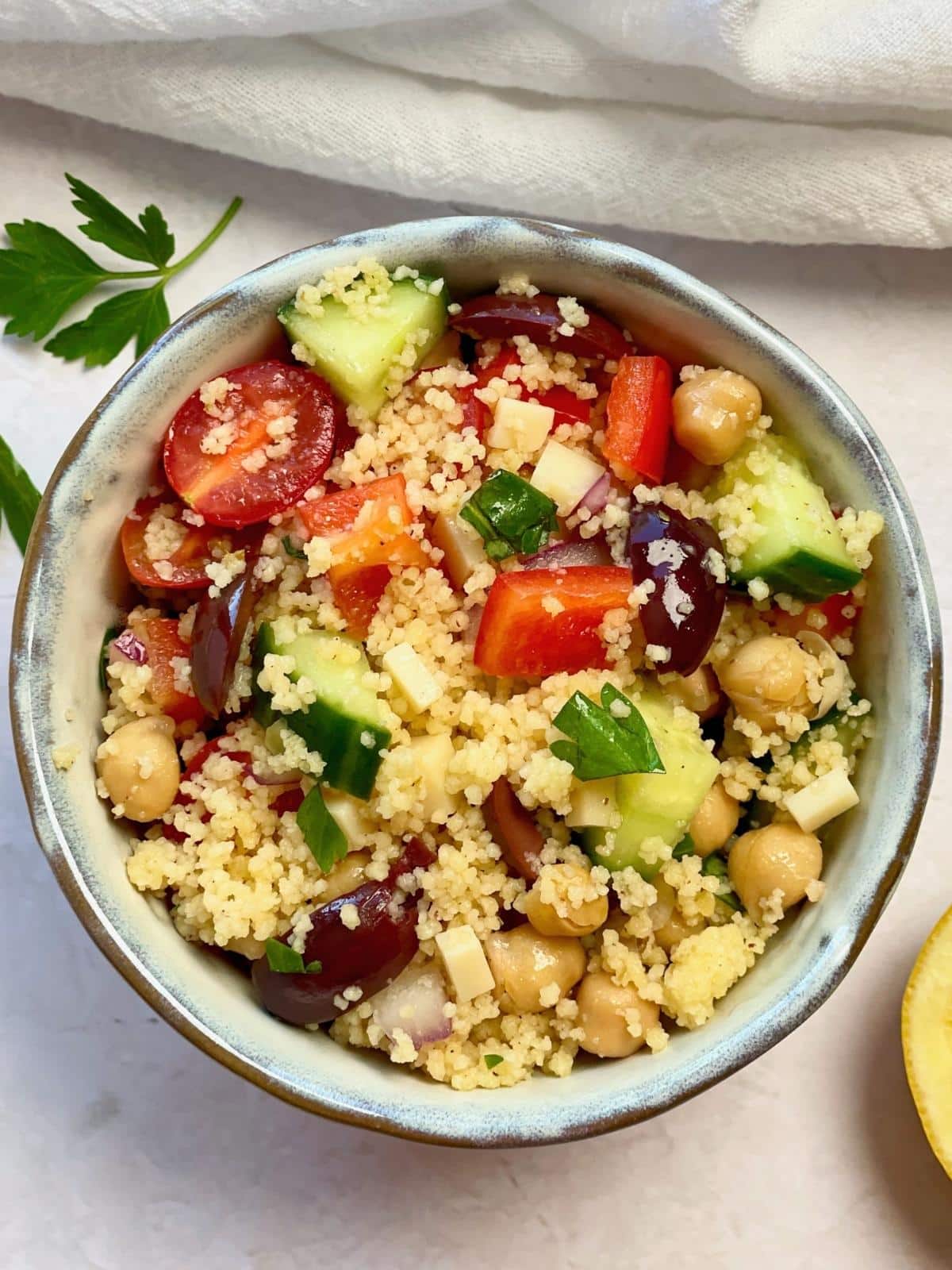 Vegan couscous salad in a bowl.