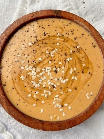 Close up image of spicy tahini sauce.