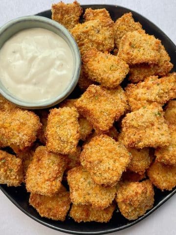 Close up view of air fryer tofu nuggets.