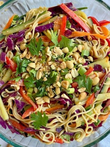 Close up view of the Asian noodle salad.