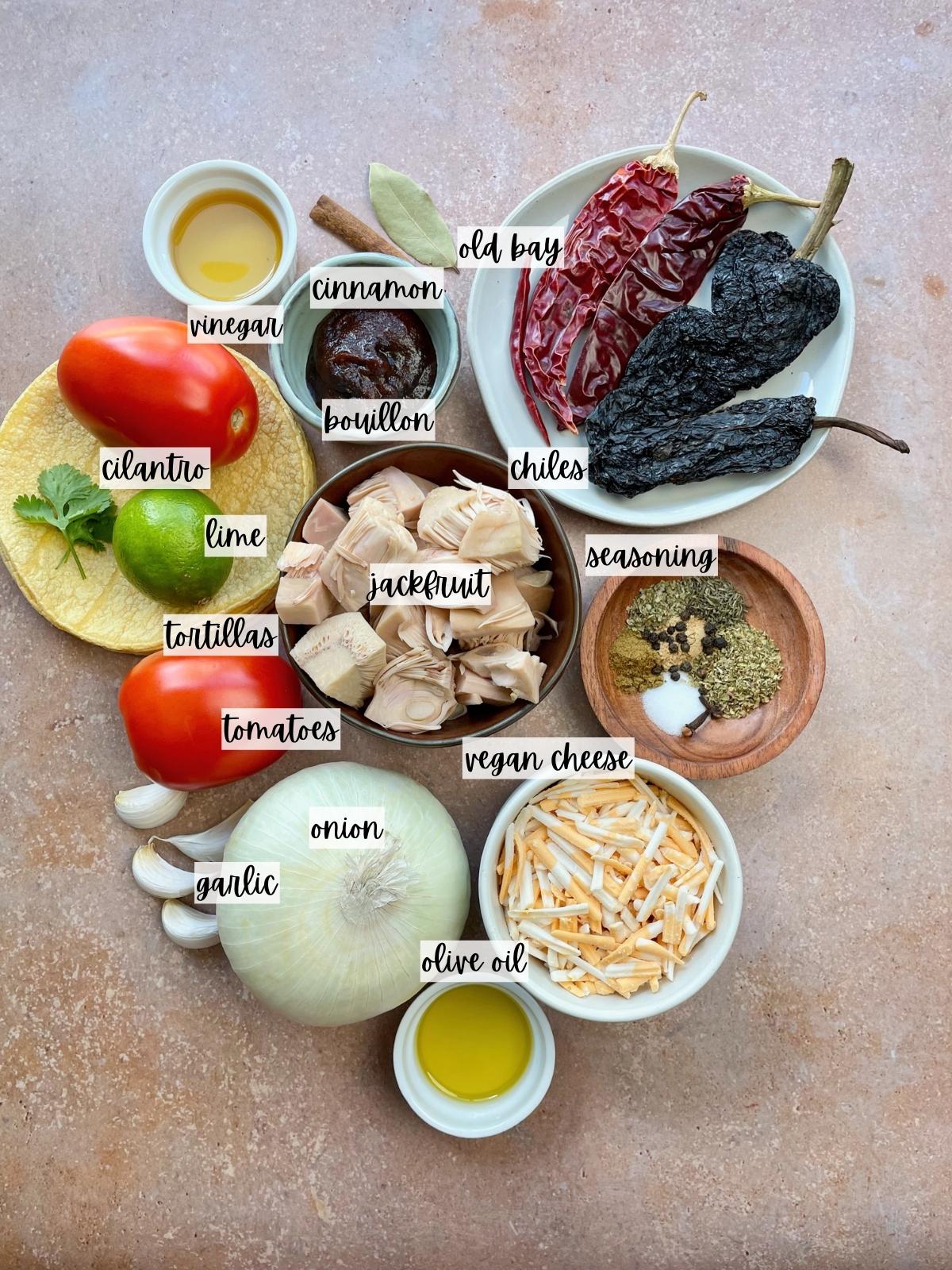 Labeled ingredients for jackfruit birria.