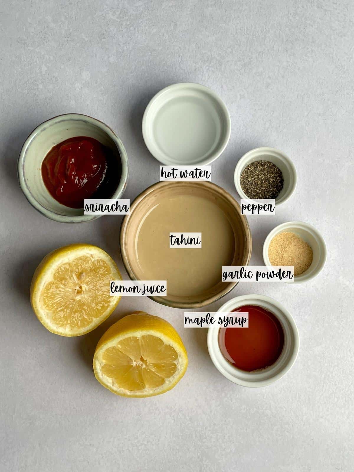 Labeled ingredients for tahini sauce.