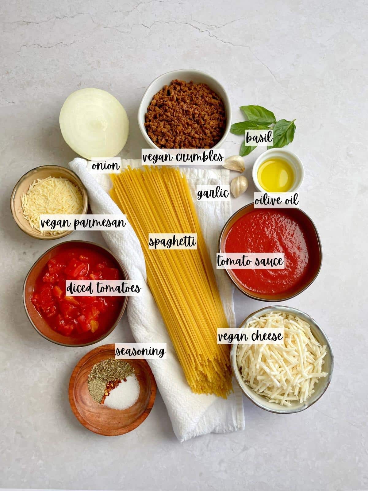 Labeled ingredients for the pasta bake.