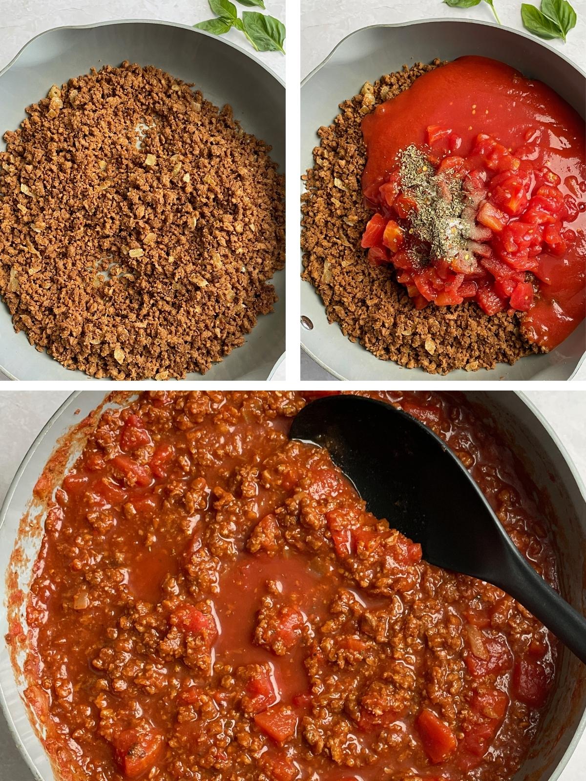 Meatless pasta sauce process steps.
