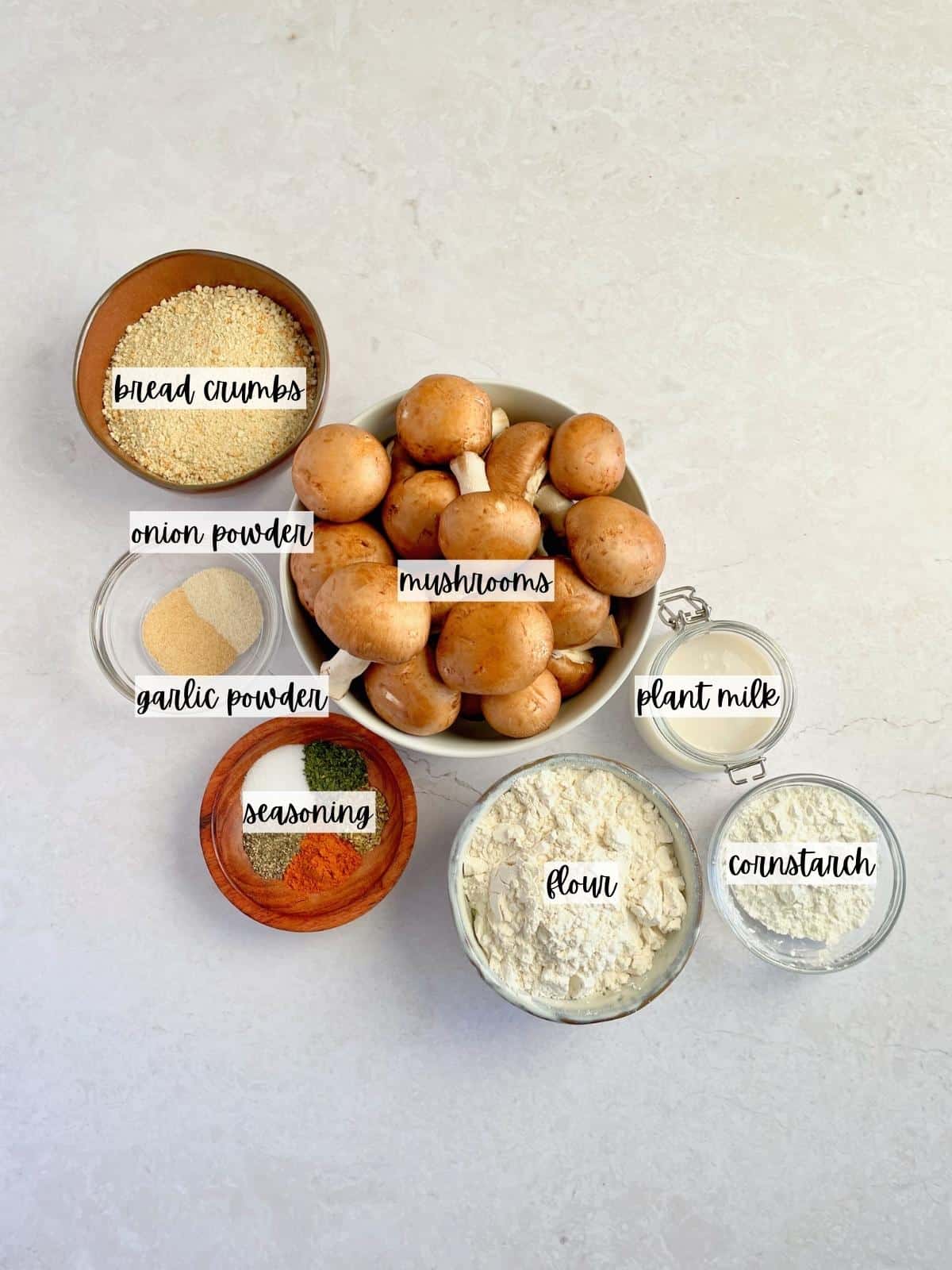 Labeled ingredients for breaded mushrooms.
