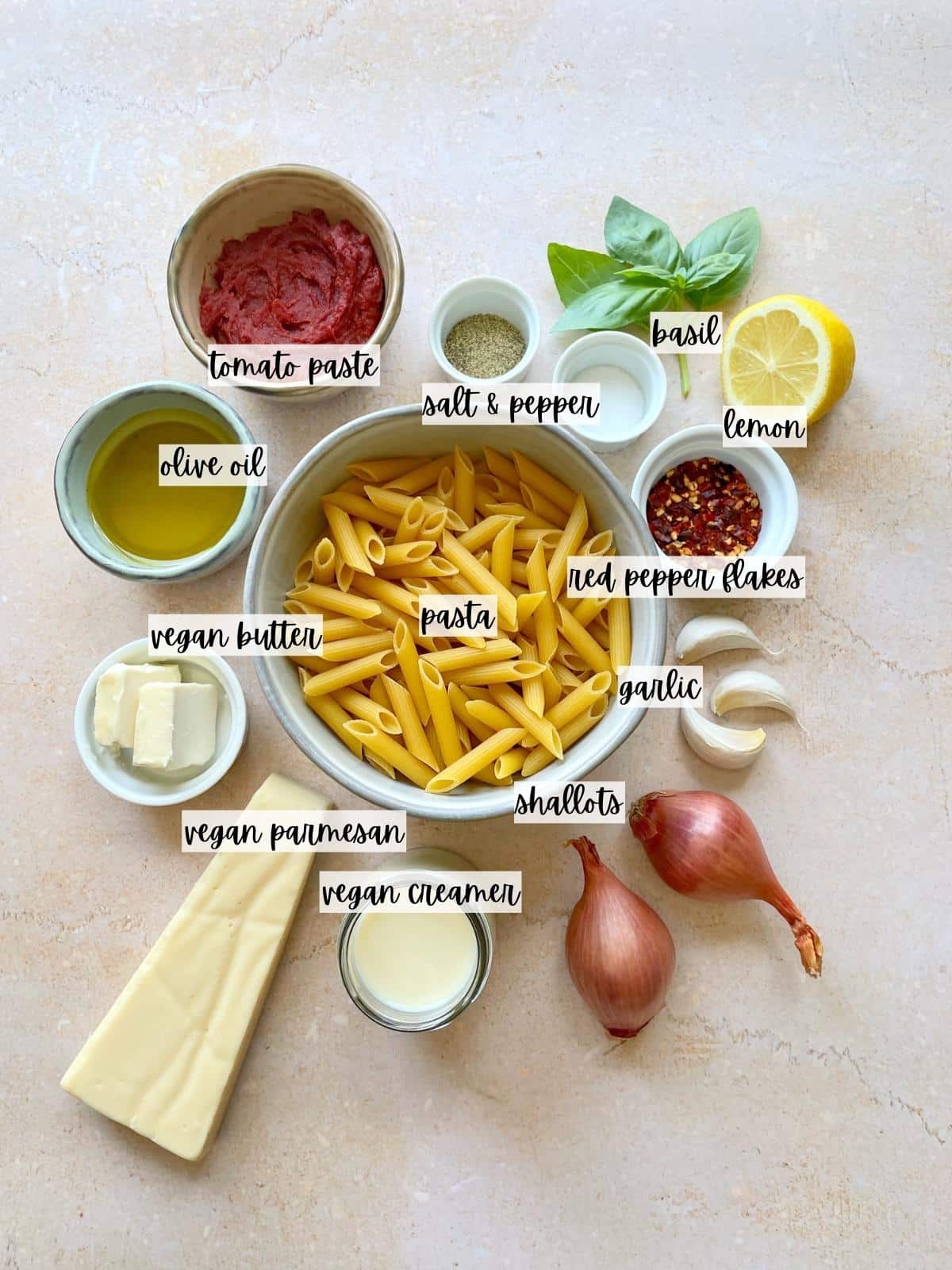 Labeled ingredients for spicy vodka pasta.