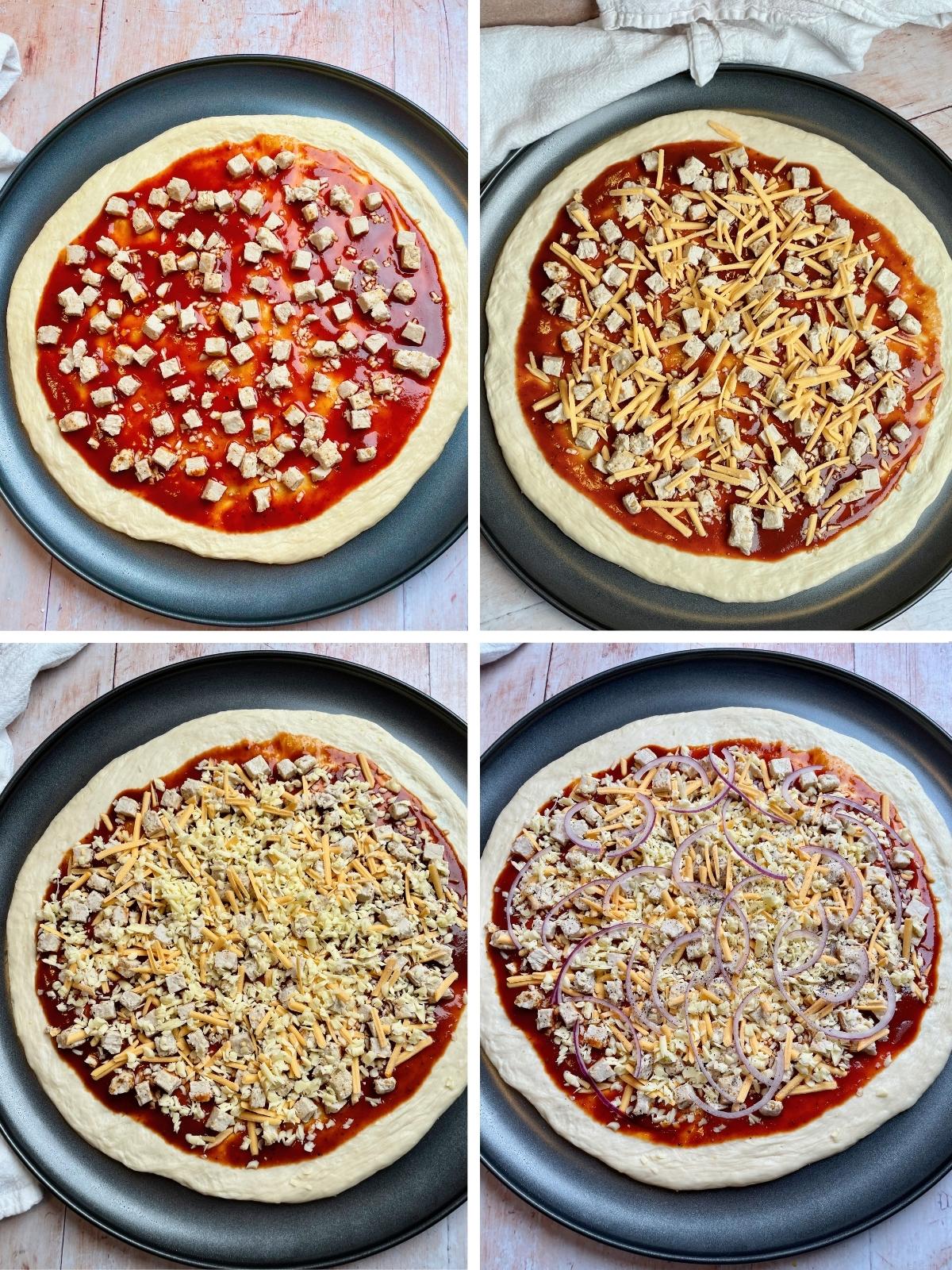 Adding toppings to bbq pizza.