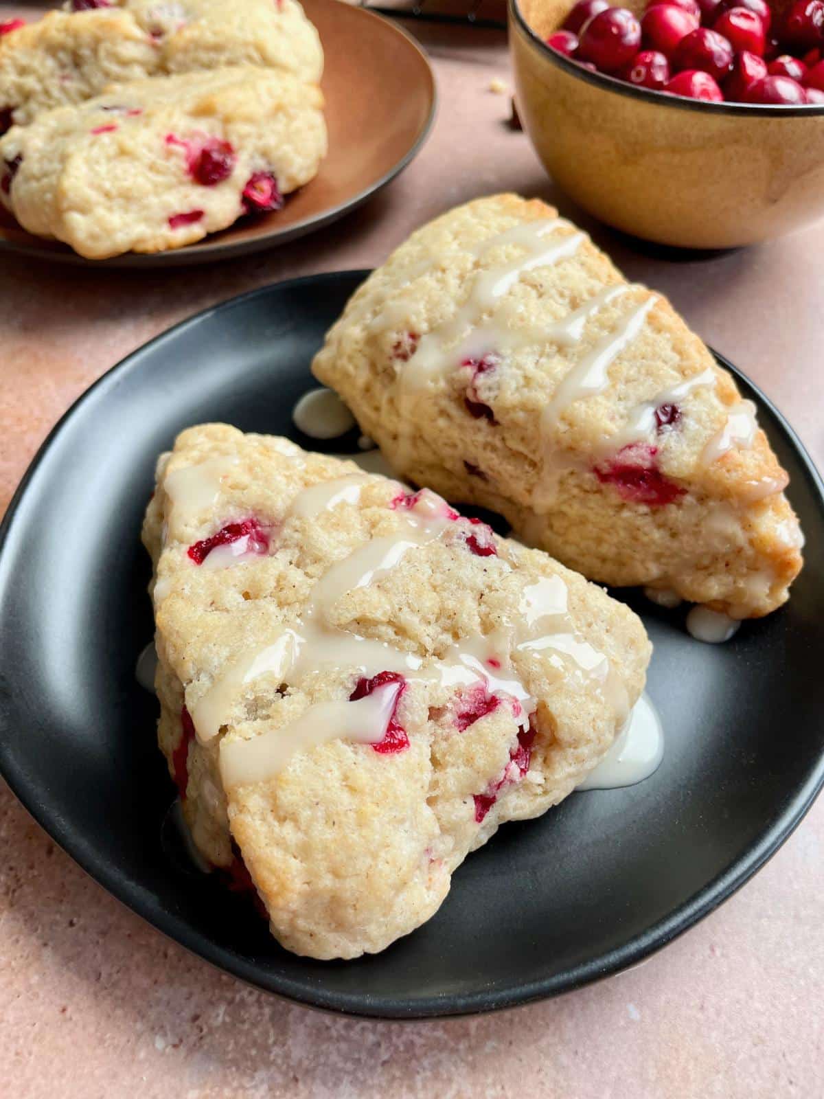 Angled view of cranberry scones.