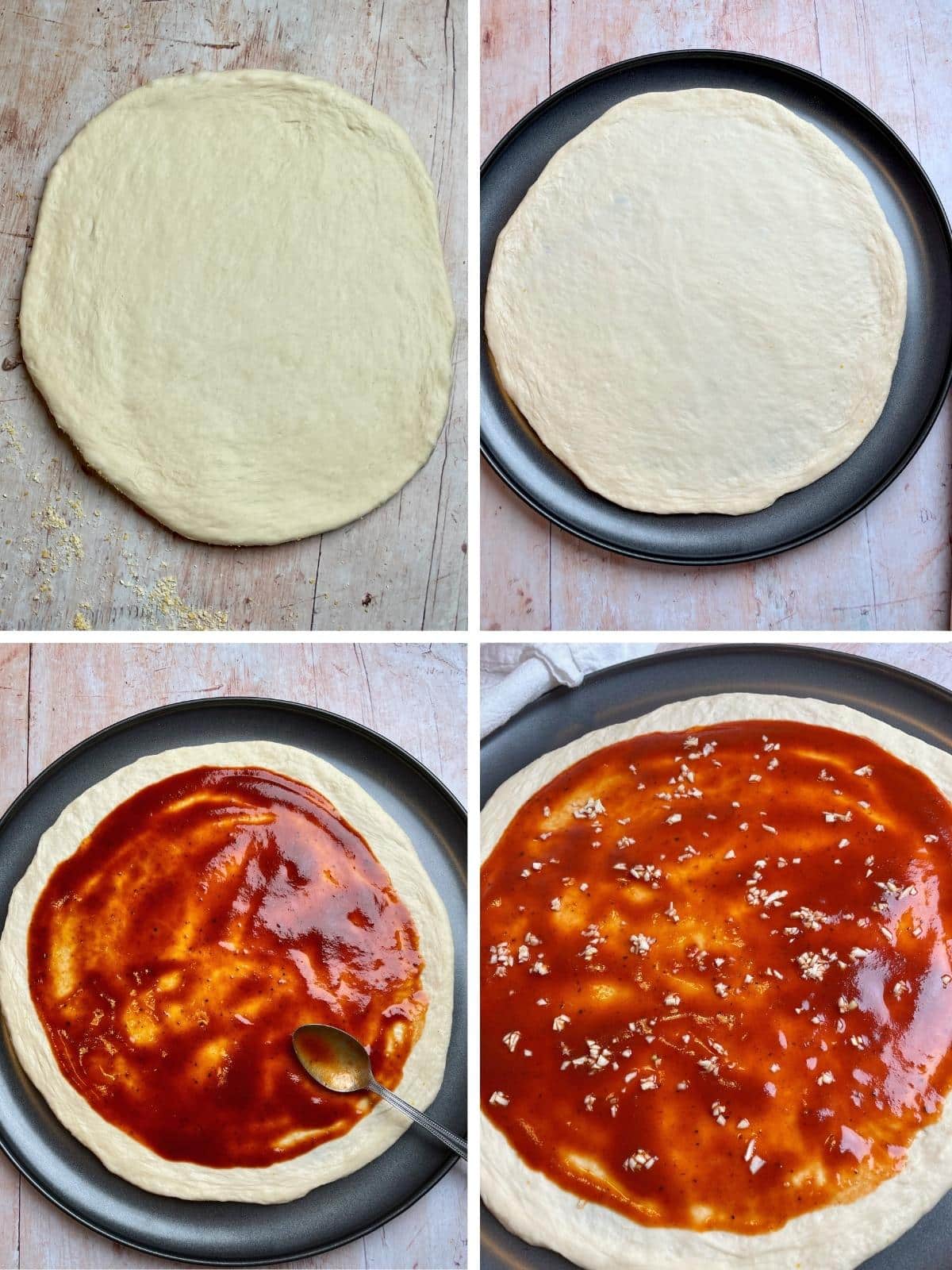Barbecue pizza dough and sauce steps.