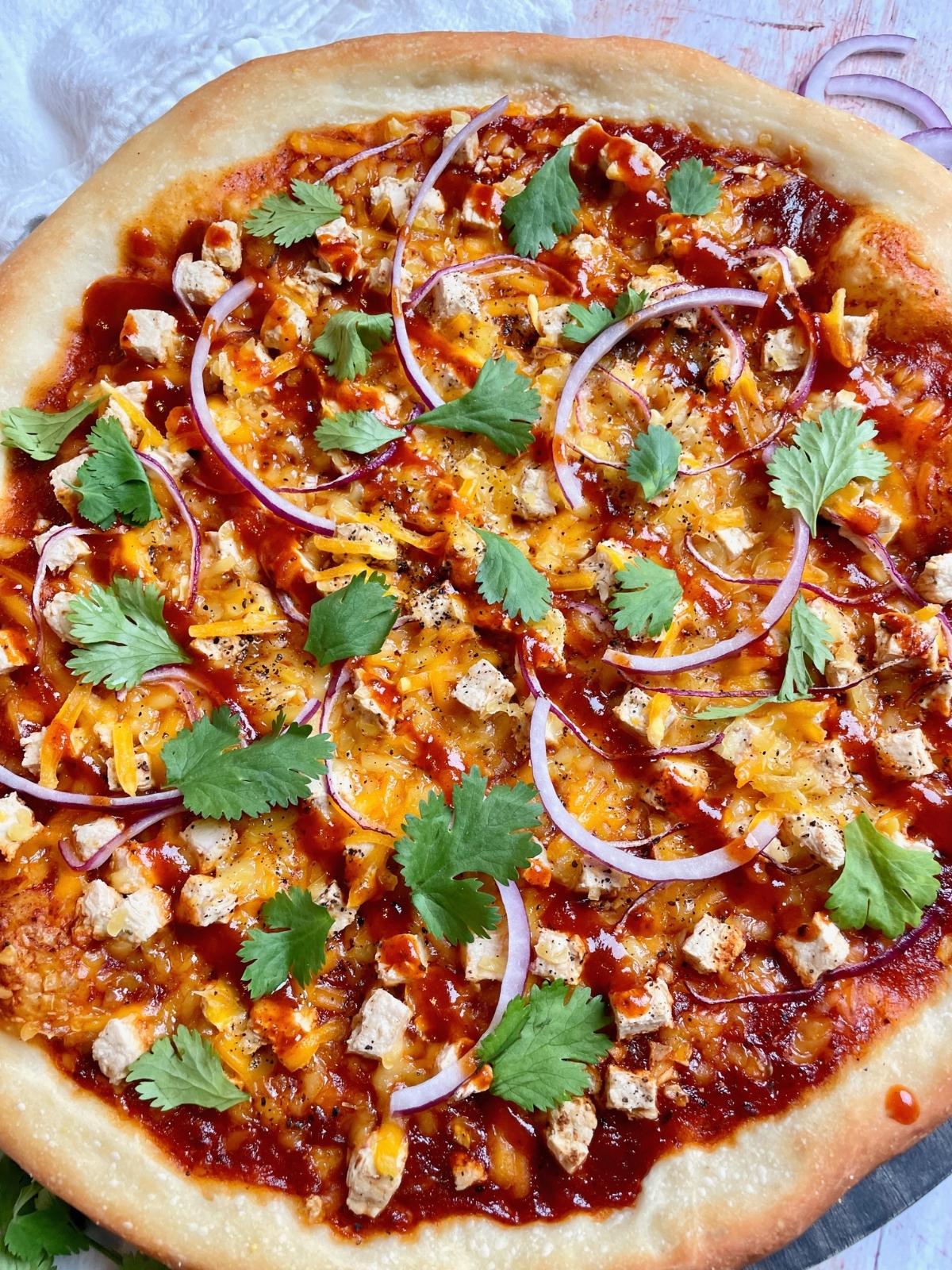 Barbecue pizza with toppings.