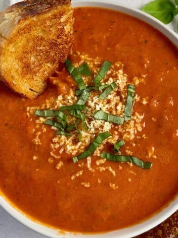 Close up view of vegan roasted tomato soup.