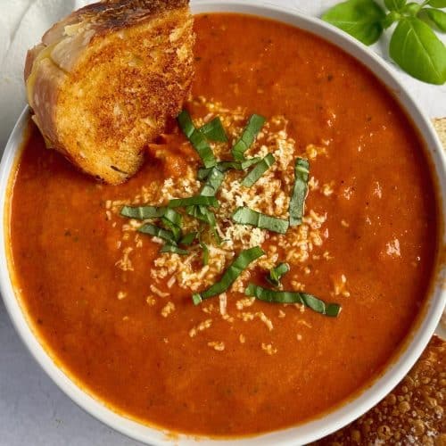 Close up view of vegan roasted tomato soup.