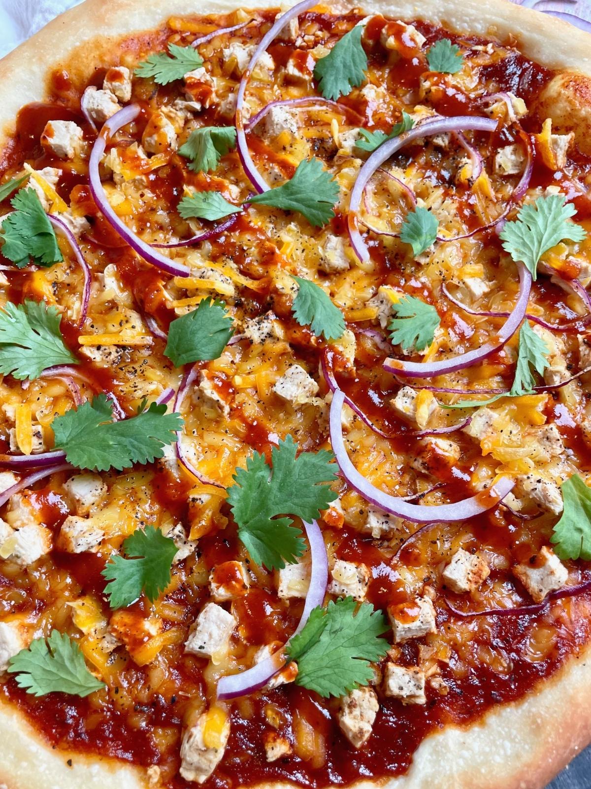 Closer view of bbq pizza.