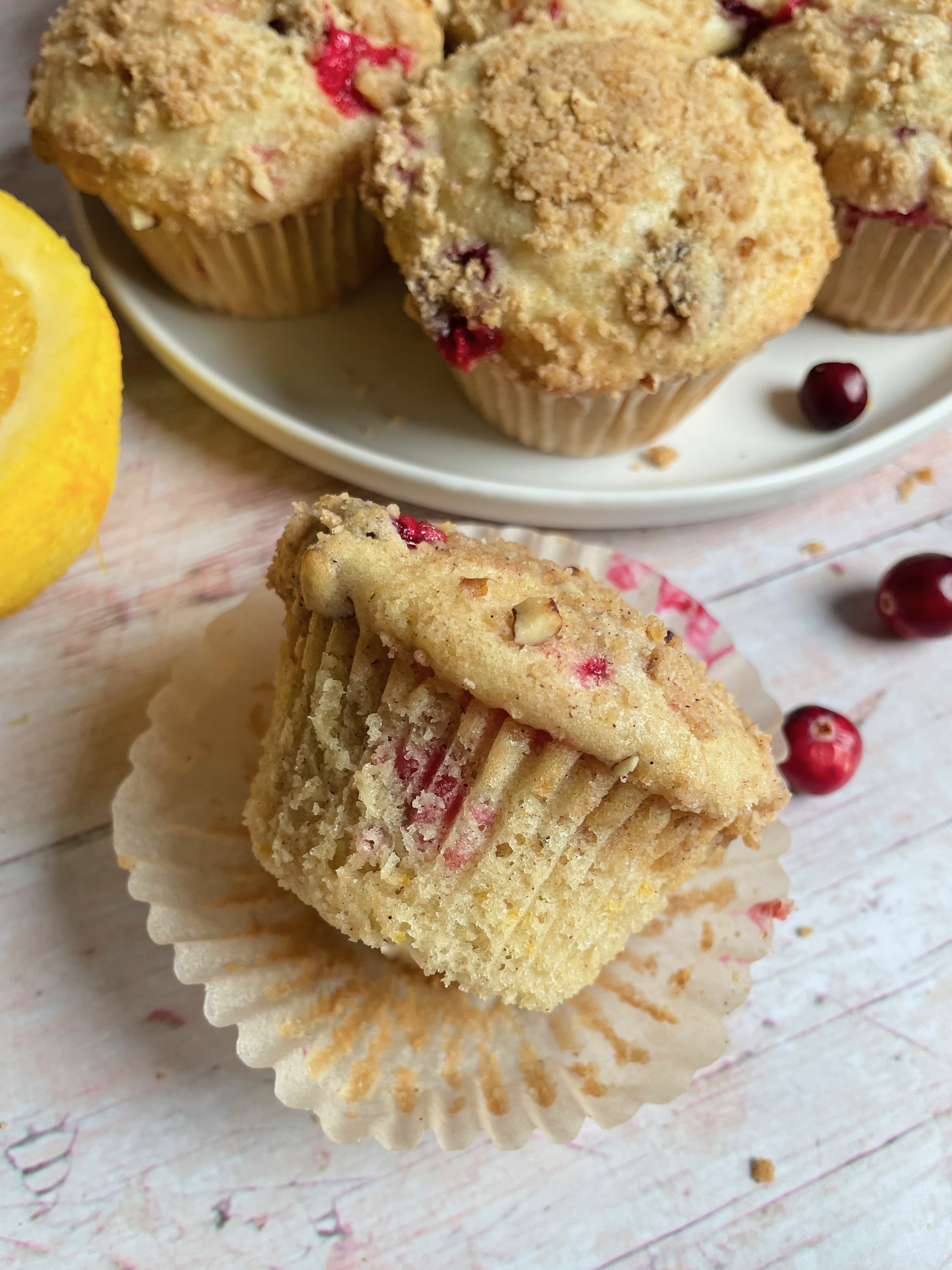 Side view of a cranberry muffin.