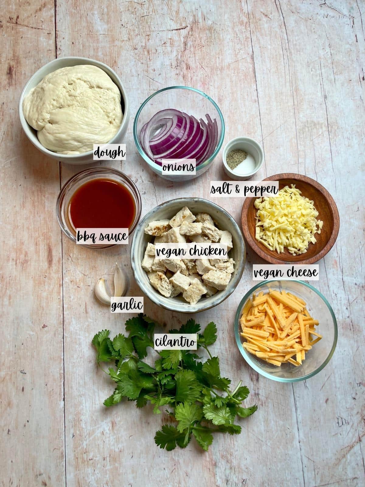 Labeled ingredients for bbq pizza.