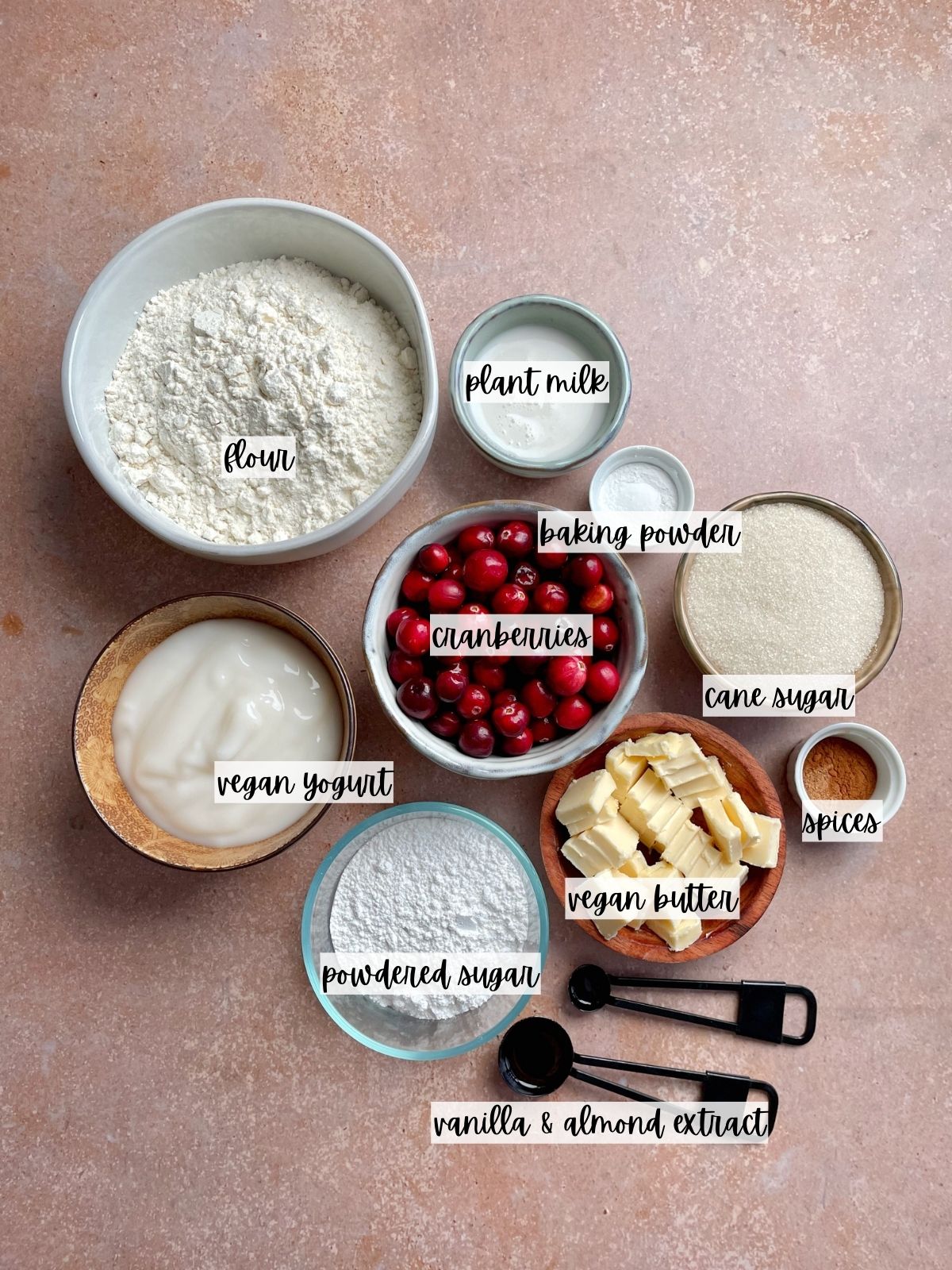 Labeled ingredients for cranberry scones.