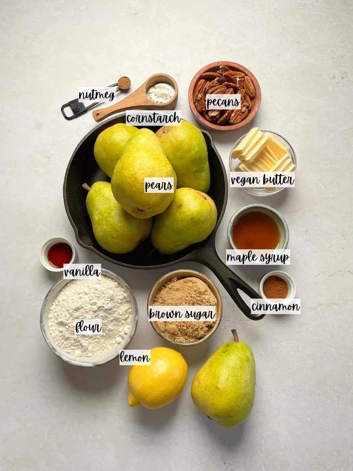Labeled ingredients for the pear crisp.