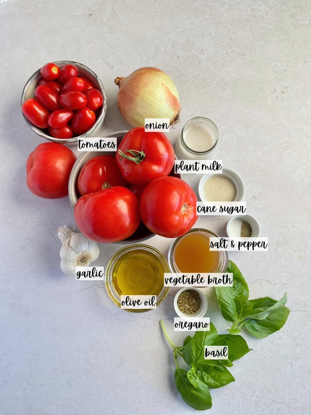 Labeled ingredients for tomato soup.