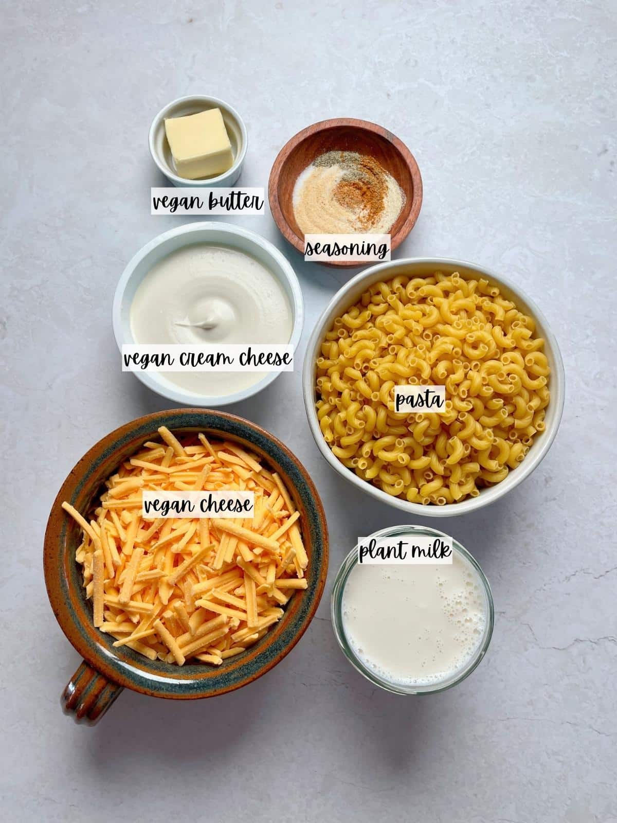 Labeled ingredients for vegan macaroni.