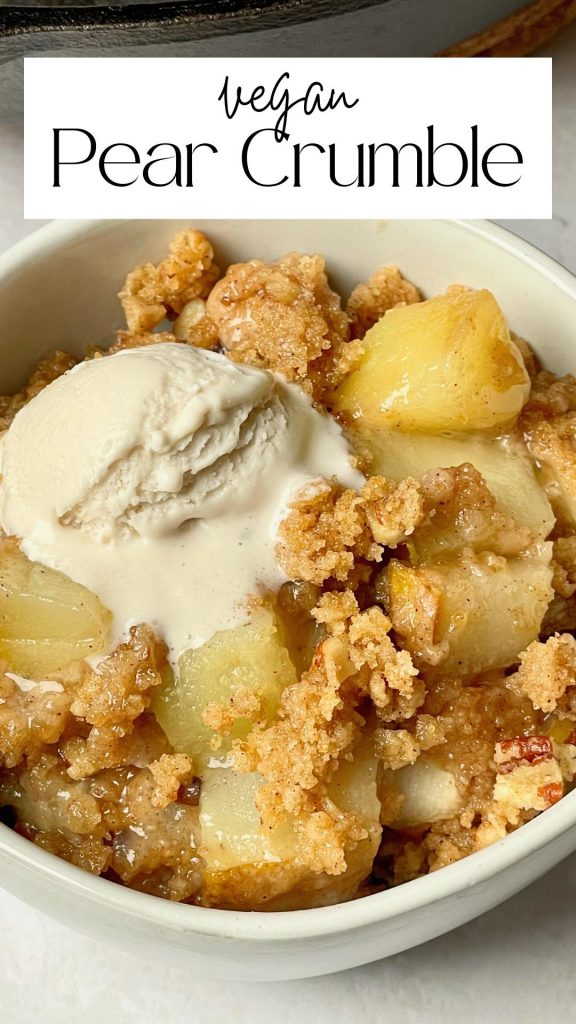 Pinterest pin image of a bowl of pear crumble.