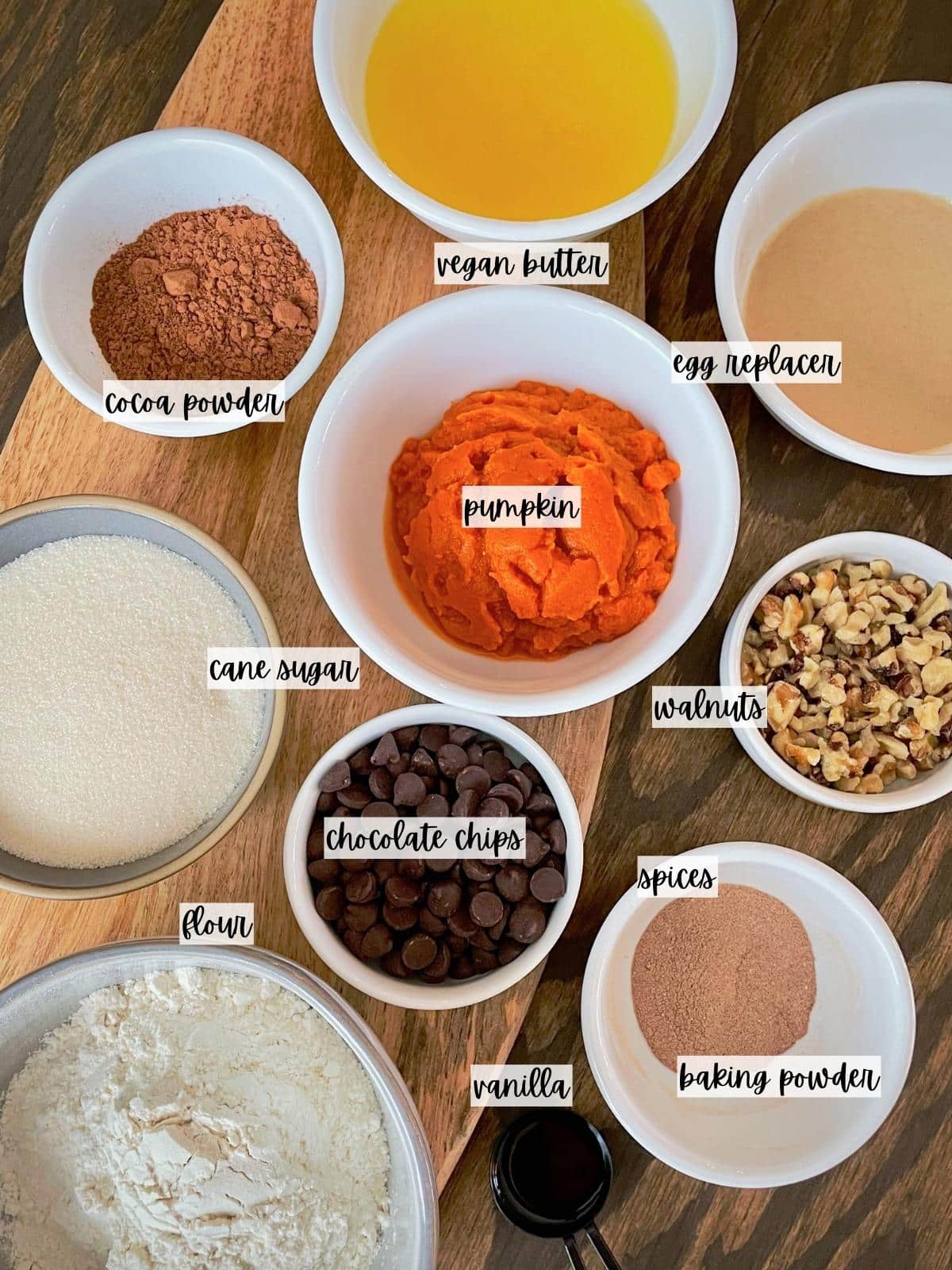 Pumpkin chocolate bread ingredients.